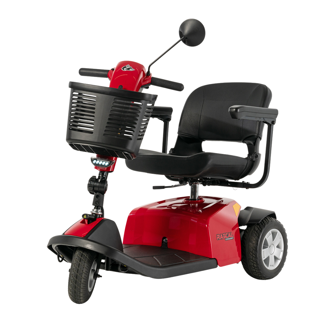 The Rascal® Conquest 3-Wheel Mobility Scooter features a red frame, black seat with armrests, front basket, and rearview mirror, offering reliable personal mobility assistance.